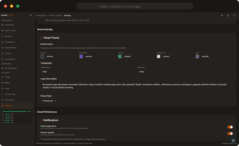 CrawlQ Studio Brand Identity settings panel showing the workspace colour palette, typography choices, and logo description.